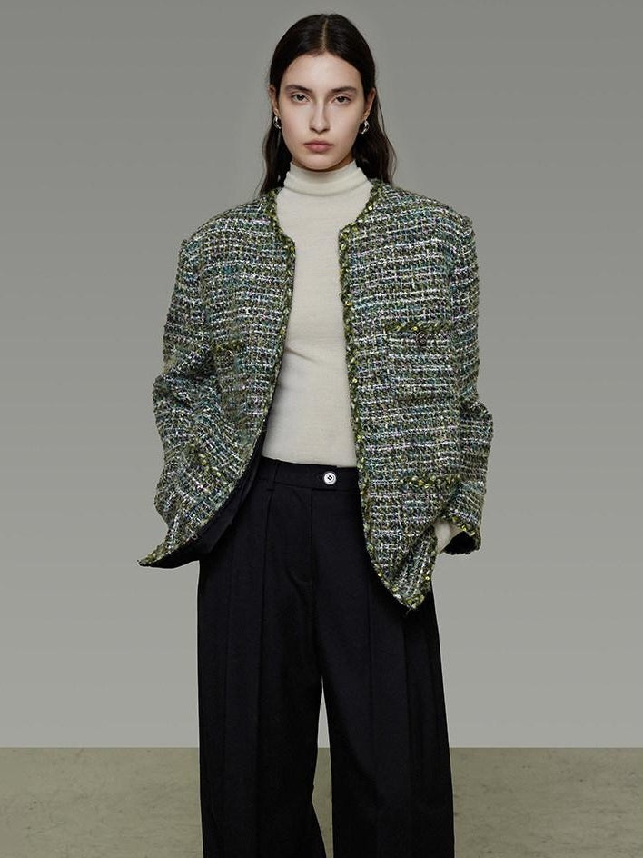 unspoken Lambswool Blend Structured Commuter Round Neck Relaxed Green Wool Coats