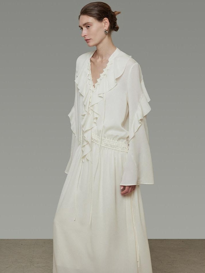 unspoken Breathable Minimal Ruffle Long Sleeve Loose H Fit Women Polyester Maxi Dresses
