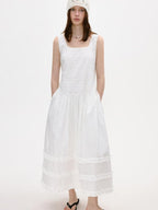 fano Cotton Korean Work Aline Sleeveless Round Neck Natural Waist White Maxi Dresses