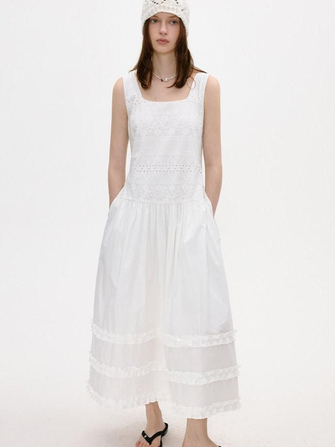 fano Cotton Korean Work Aline Sleeveless Round Neck Natural Waist White Maxi Dresses