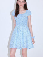 fano Sweet High Waist Puff Sleeve A Line Floral Square Neck Poly Cotton Midi Dresses