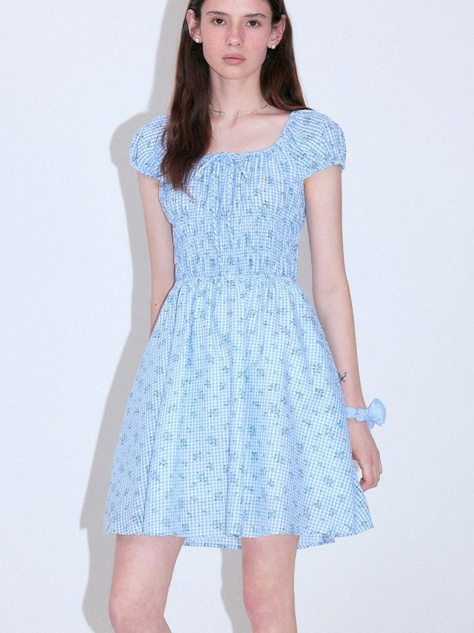 fano Sweet High Waist Puff Sleeve A Line Floral Square Neck Poly Cotton Midi Dresses