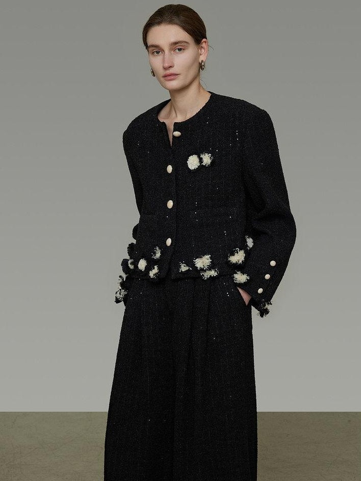 unspoken Warm Button Crew Neck Relaxed Short Workwear Women Black Ivory Cropped Jackets
