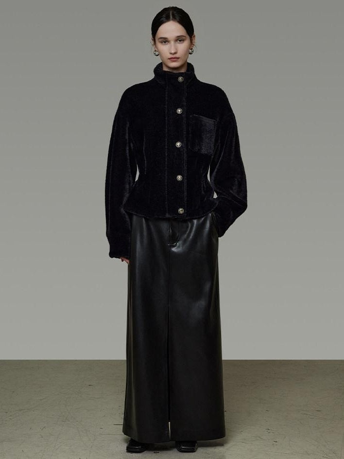 unspoken High Waist Textured H Line Straight Minimalist Workwear Black Midi Skirts