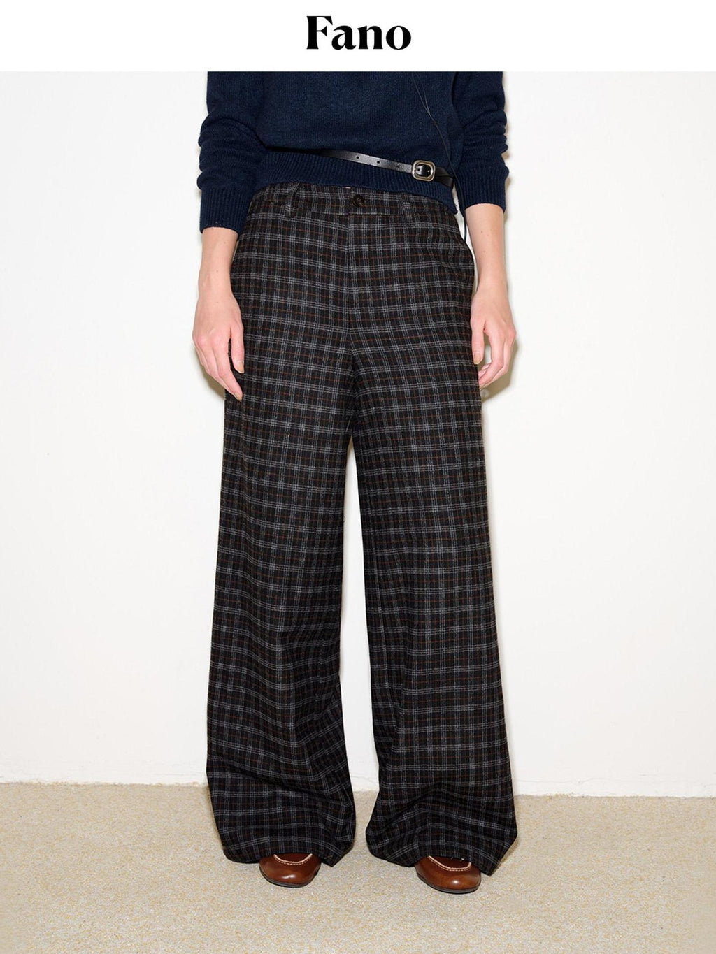 fano Wool Blend Plaid Relaxed Natural Waist Elastic Pocket Women Straight Pants