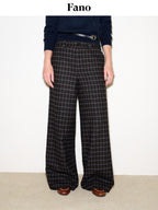 fano Wool Blend Plaid Relaxed Natural Waist Elastic Pocket Women Straight Pants