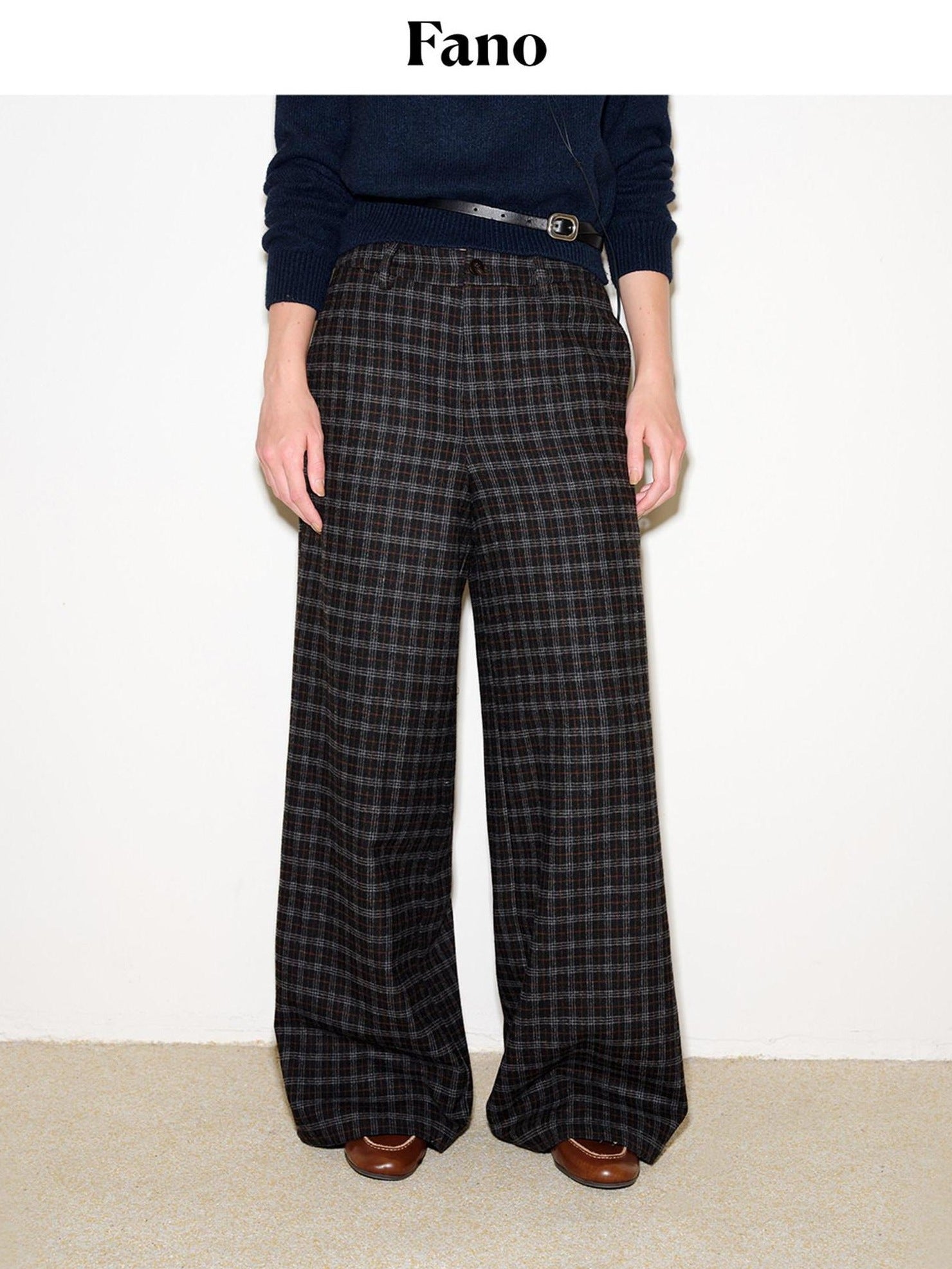 fano Wool Blend Plaid Relaxed Natural Waist Elastic Pocket Women Straight Pants