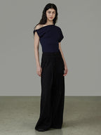 unspoken 3D Detail Slim Fit Minimal Commuter Asymmetric Neck Navy Off Shoulder Crop Tops