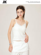 Lace V-neck Slim Fit Slight Stretch Daily Wear Women White Short Thin Camisoles