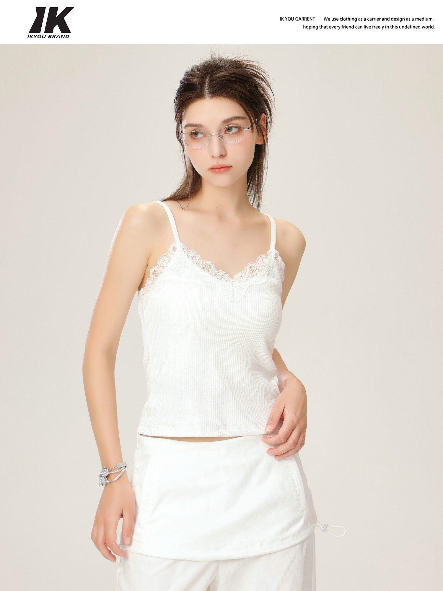 ikyou Lace V-neck Slim Fit Slight Stretch Daily Wear Women White Short Thin Camisoles