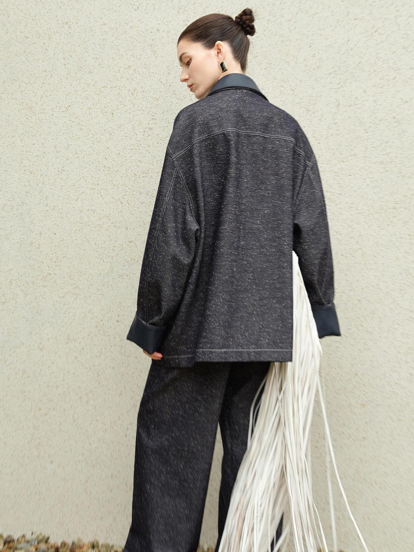 audreyyang Original Design Loose Patchwork Topstitch Cotton Blend Women Denim Jackets