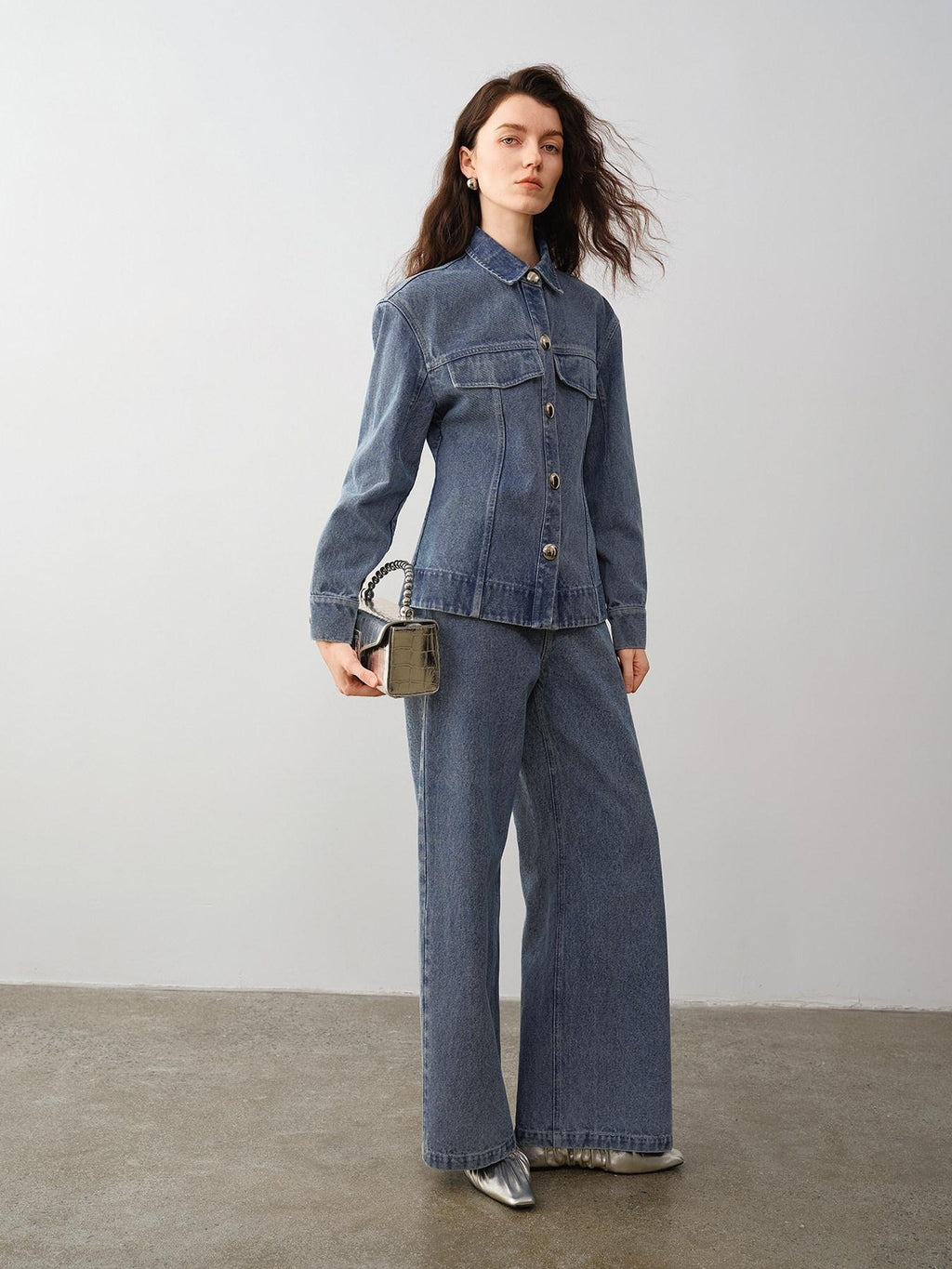 audreyyang 100% Cotton Vintage Loose Fit Button Long Sleeve Denim Women Top & Pants Sets