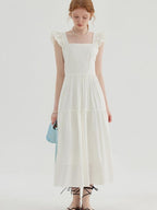 fano High Waist Ruffle A Line Square Neck Office Casual Maxi Dresses