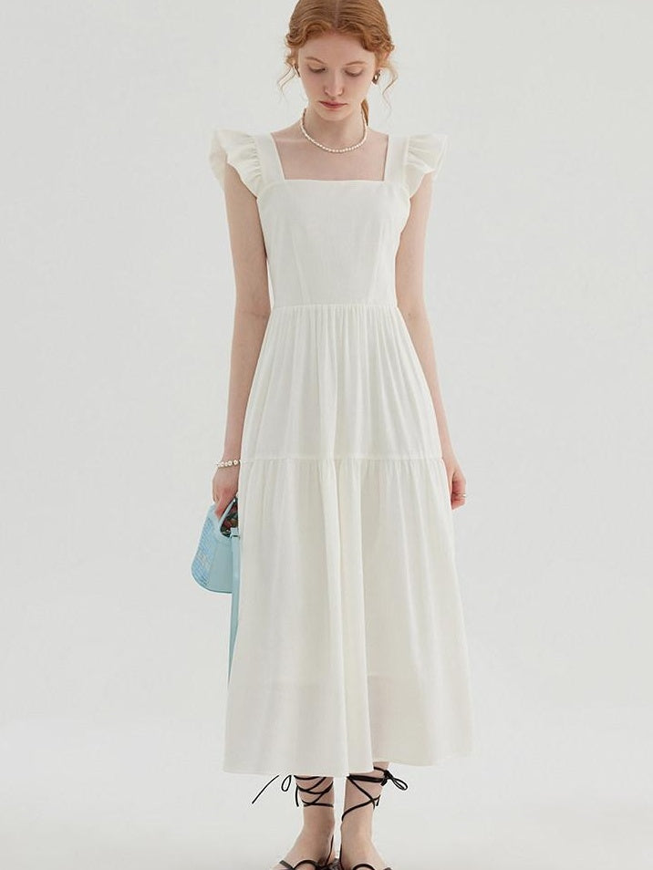 fano High Waist Ruffle A Line Square Neck Office Casual Maxi Dresses