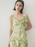 someone sometimes Viscose Asymmetric Ruffle Hem Cinched Waist Aline Lake Green Maxi Dresses