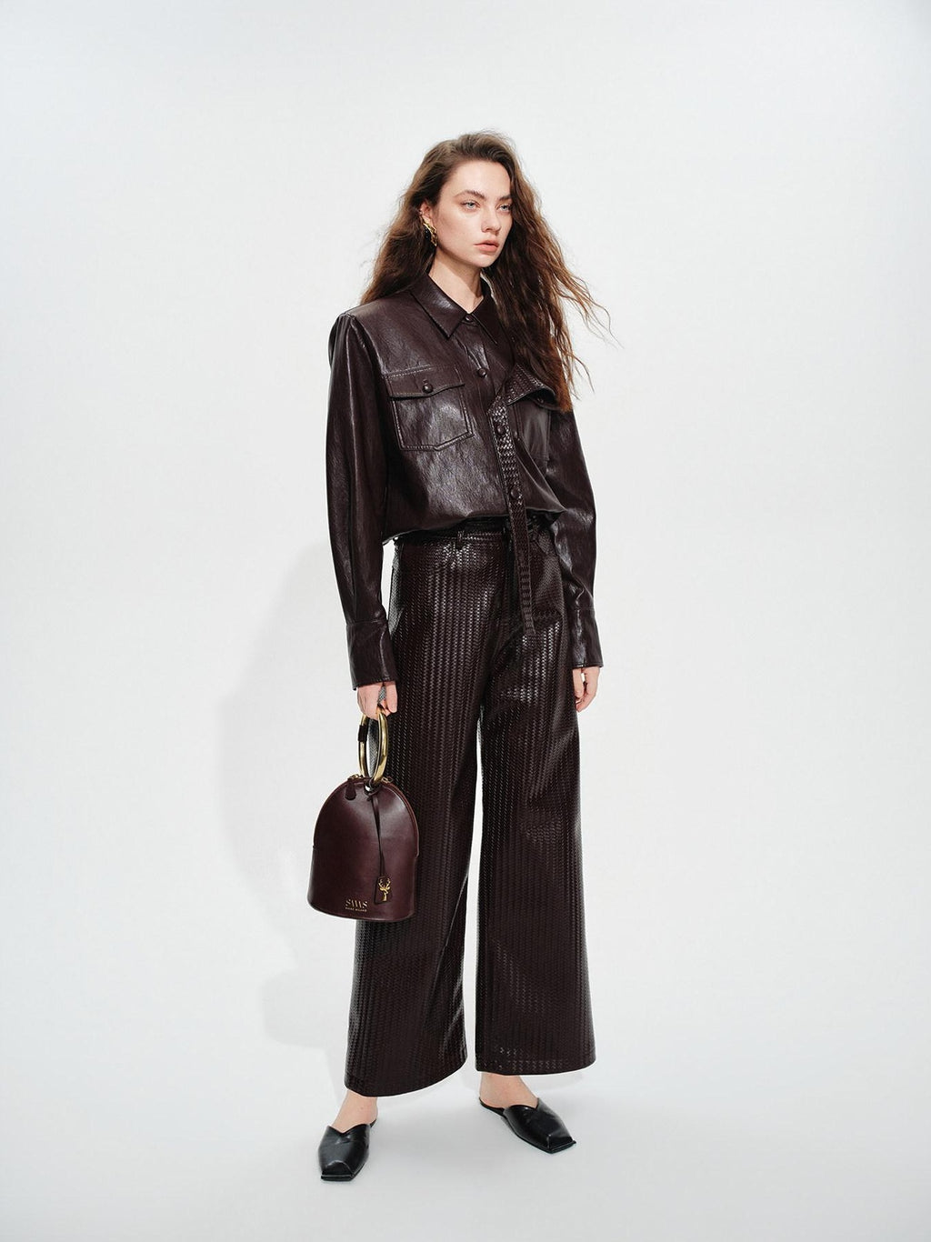 audreyyang Pu Faux Leather Casual Natural Waist Zip Fly Women Straight Pants