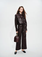 audreyyang Pu Faux Leather Casual Natural Waist Zip Fly Women Straight Pants