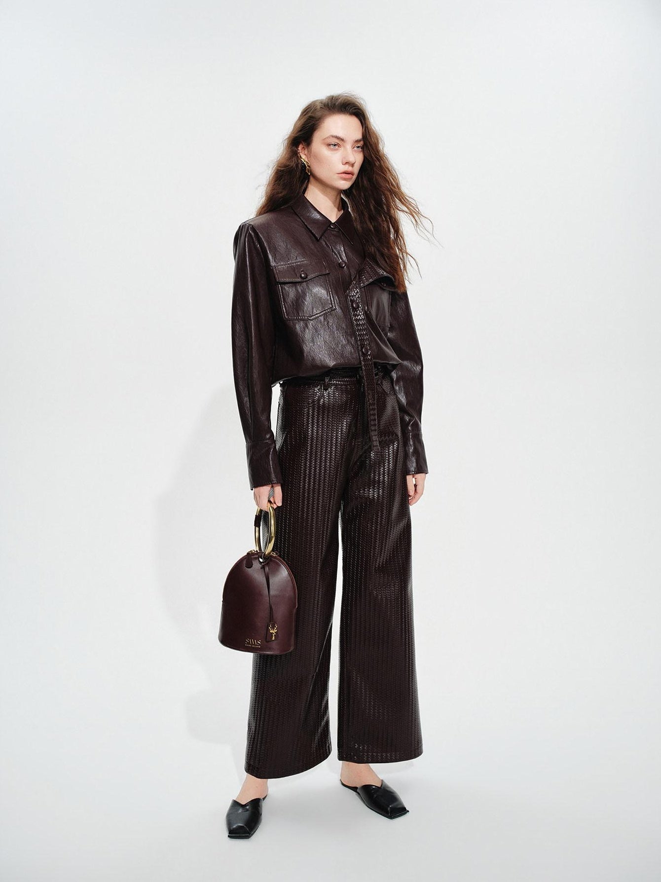 audreyyang Pu Faux Leather Casual Natural Waist Zip Fly Women Straight Pants