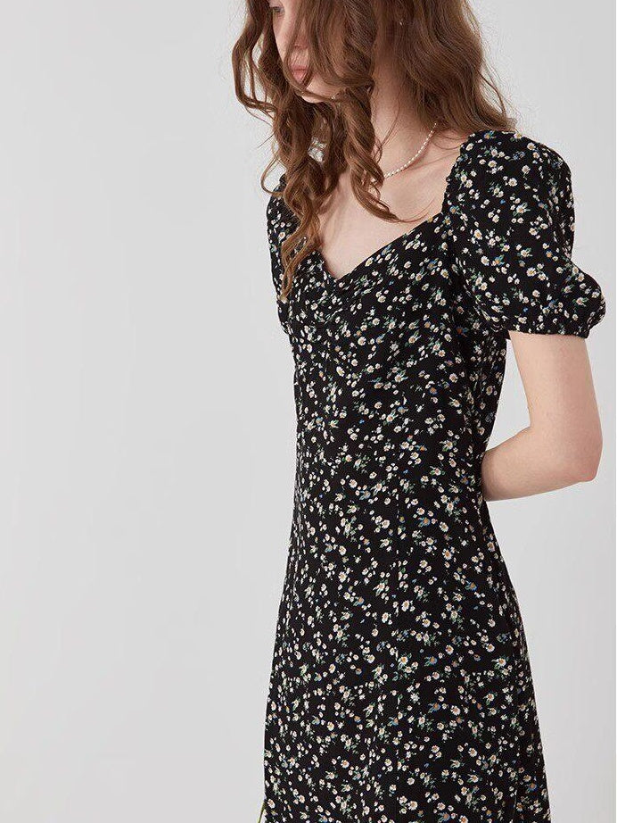 fano Black Floral Puff Sleeve V-neck High Waist A Line Office Chic Midi Dresses