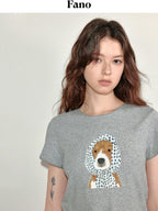 fano Soft Cotton Korean Slim Round Neck Animal Print Women Short Sleeve T-Shirts