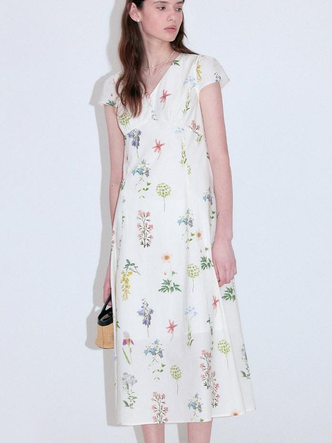 fano Cotton High Waist A Line V-neck Short Sleeve Floral Ivory Korean Maxi Dresses