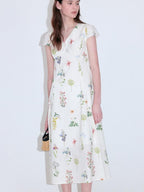 fano Cotton High Waist A Line V-neck Short Sleeve Floral Ivory Korean Maxi Dresses