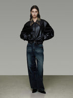 unspoken Commuter Loose Cropped Colorblock Patchwork Lapel Zipper Leather Jackets