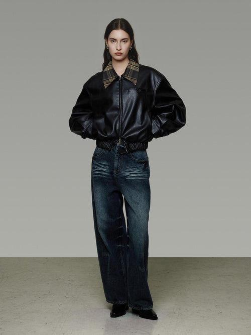 unspoken Commuter Loose Cropped Colorblock Patchwork Lapel Zipper Leather Jackets