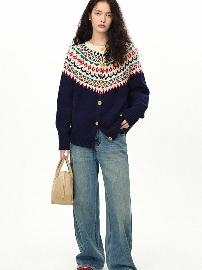 fano 100 Percent Wool Loose Fit Button Front Commuter Crew Neck Knit Cardigans