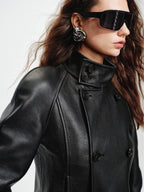 audreyyang Lambskin Vintage Loose Women Double Breasted Black Leather Jackets
