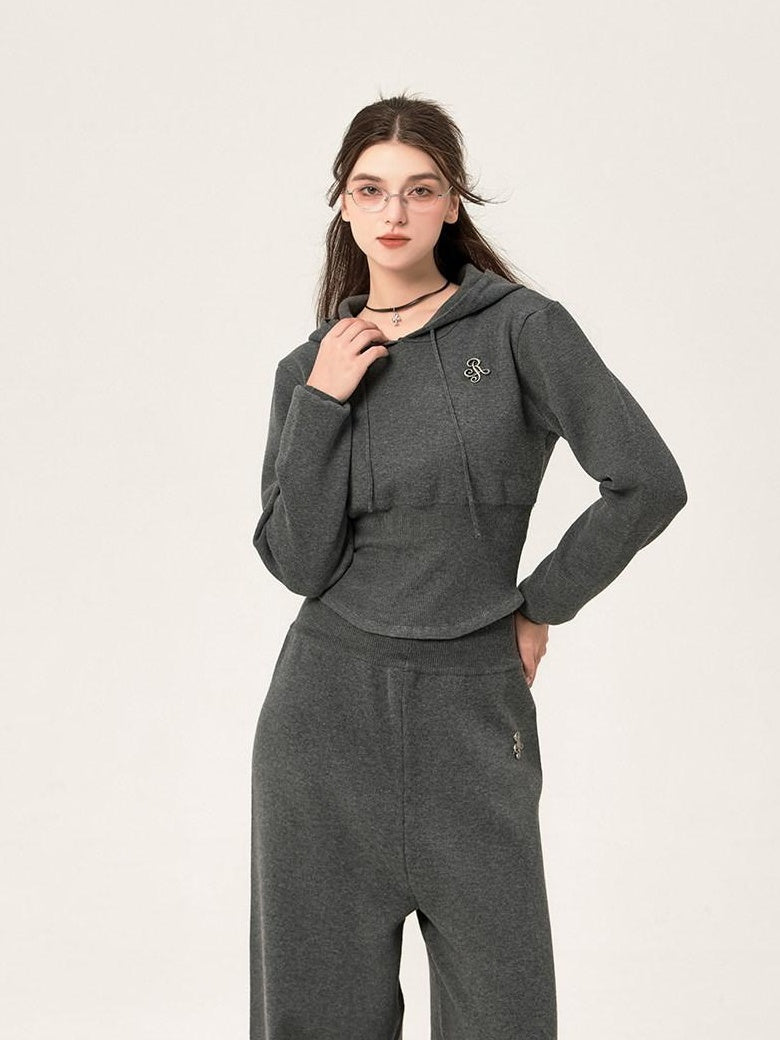 ikyou Ribbed Grey Cropped Hood Pullover Commuter Polyester Women Top & Pants Sets