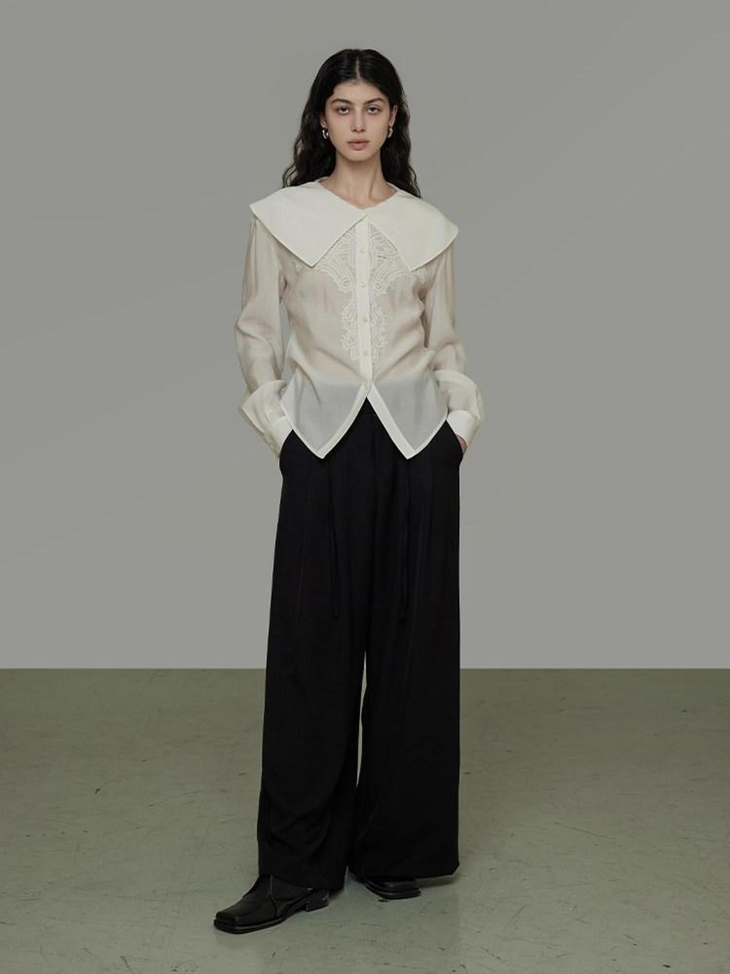 unspoken Lyocell Embroidered Doll Collar Loose Fit Women White Button Long Sleeve Blouses
