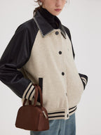 fano Shell Embroidered Commuter Loose Wool Raglan Women Colorblock Bomber Jackets