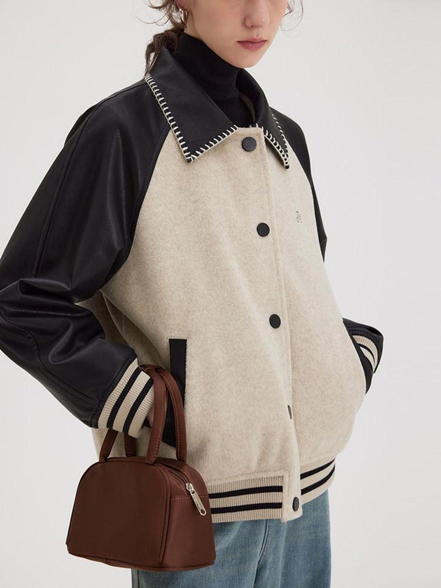 fano Shell Embroidered Commuter Loose Wool Raglan Women Colorblock Bomber Jackets