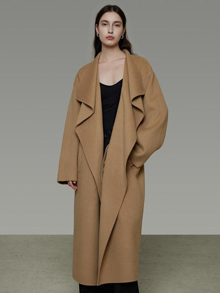 unspoken Thick 100 Percent Sheep Wool Long Loose Lapel Minimalist Sand Brown Wool Coats