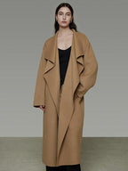 unspoken Thick 100 Percent Sheep Wool Long Loose Lapel Minimalist Sand Brown Wool Coats