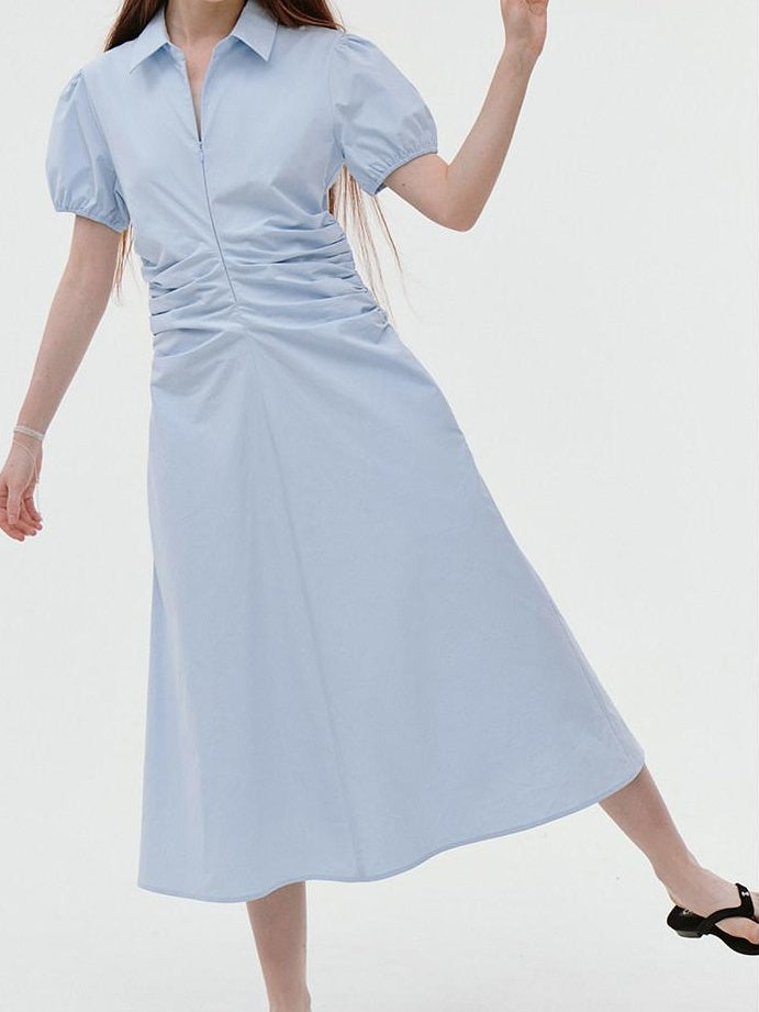 fano 100% Cotton Puff Sleeve A Line Natural Waist Solid Blue Zipper Maxi Dresses