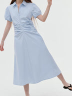 fano 100% Cotton Puff Sleeve A Line Natural Waist Solid Blue Zipper Maxi Dresses