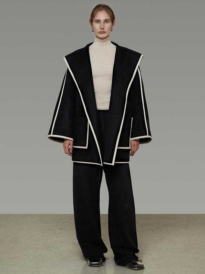 unspoken Premium Wool Alpaca Blend Straight Tailored Office Notch Lapel Black Wool Coats