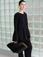 audreyyang Minimalist Office Loose Pleated Bell Sleeve Round Neck Black Blouses