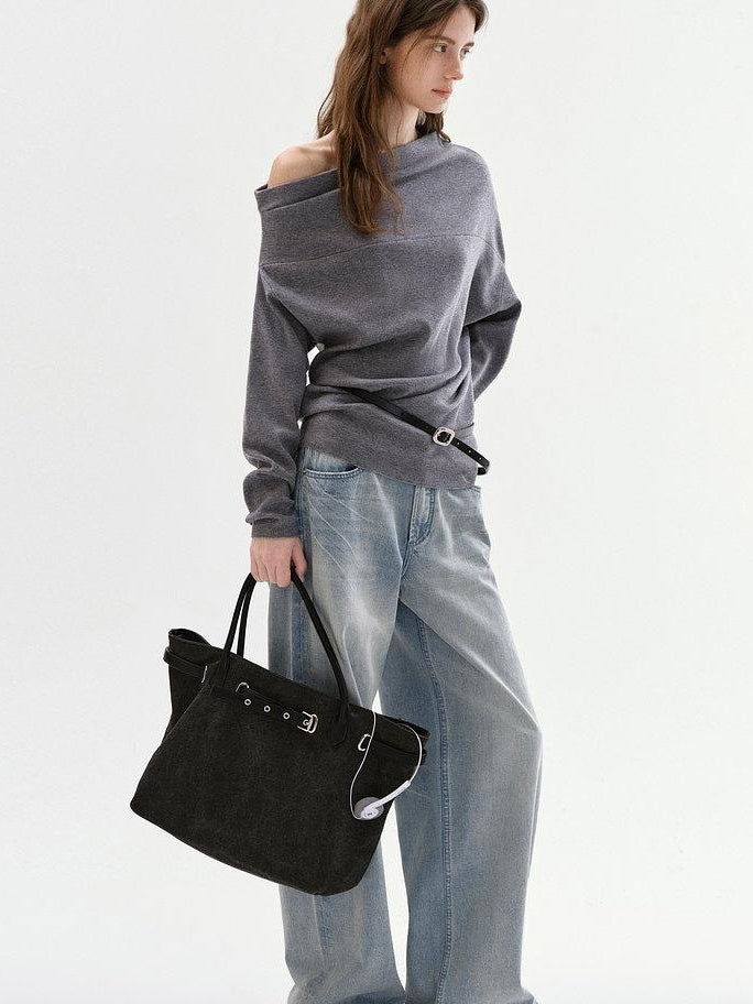 fano Minimalist Office Regular Asymmetric Neck Batwing Sleeve Women Nylon Sweaters