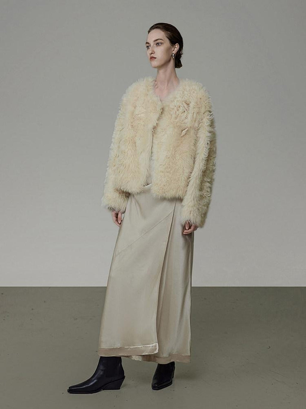 unspoken Minimal Off White Button Front Crew Neck Straight Fit Office Short Coat