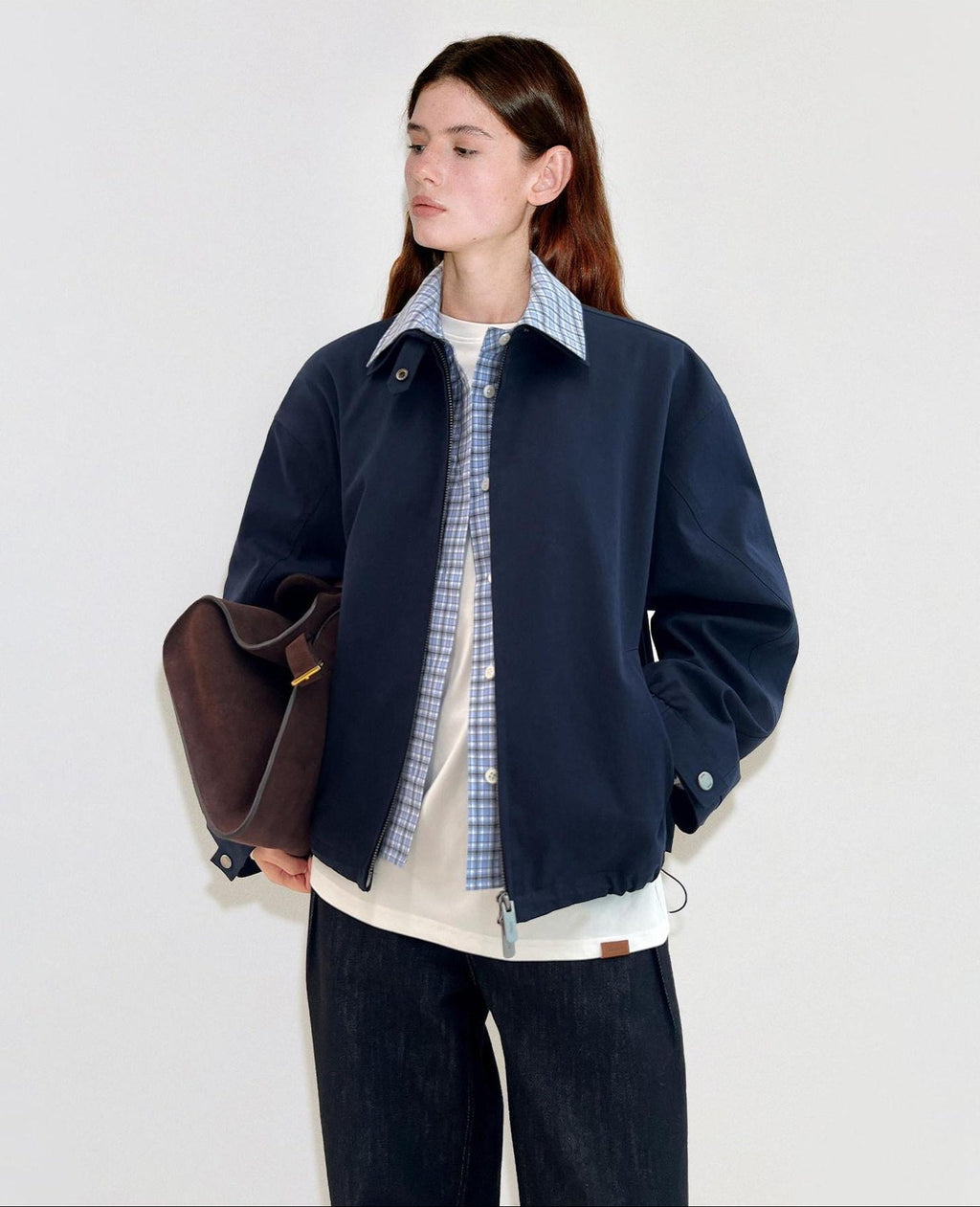 fano Warm Pure Cotton Relaxed Faux Two Layer Women Daily Navy Striped Cropped Jackets