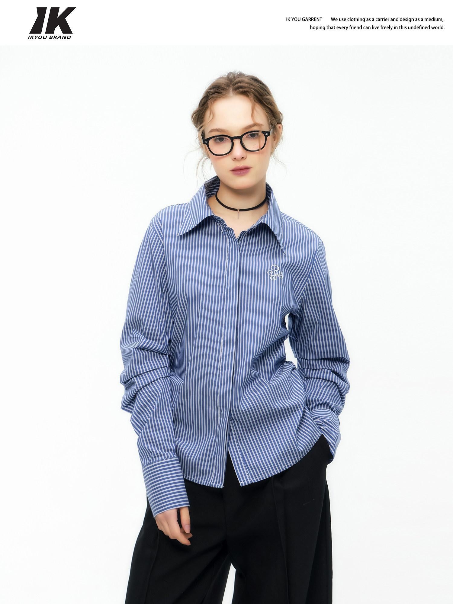 ikyou Embroidered Striped Slim Fit Commuter Long Sleeve Collared Cotton Shirts