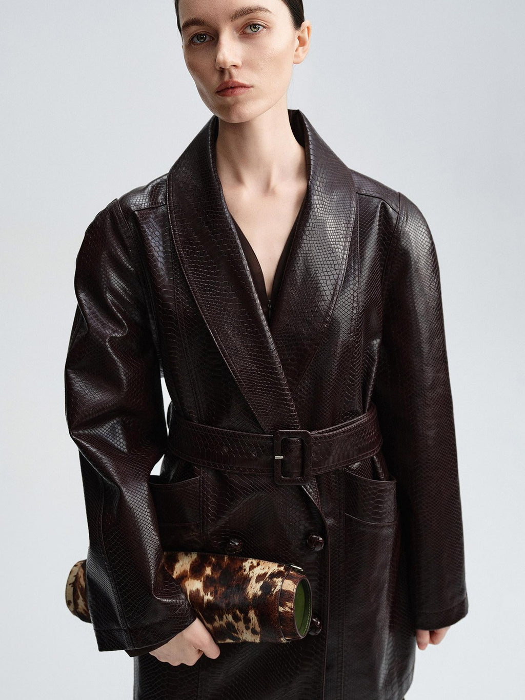 audreyyang Thick Vintage Croc Embossed Doublebreasted Midlength Women Pu Leather Jackets