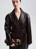 audreyyang Thick Vintage Croc Embossed Doublebreasted Midlength Women Pu Leather Jackets