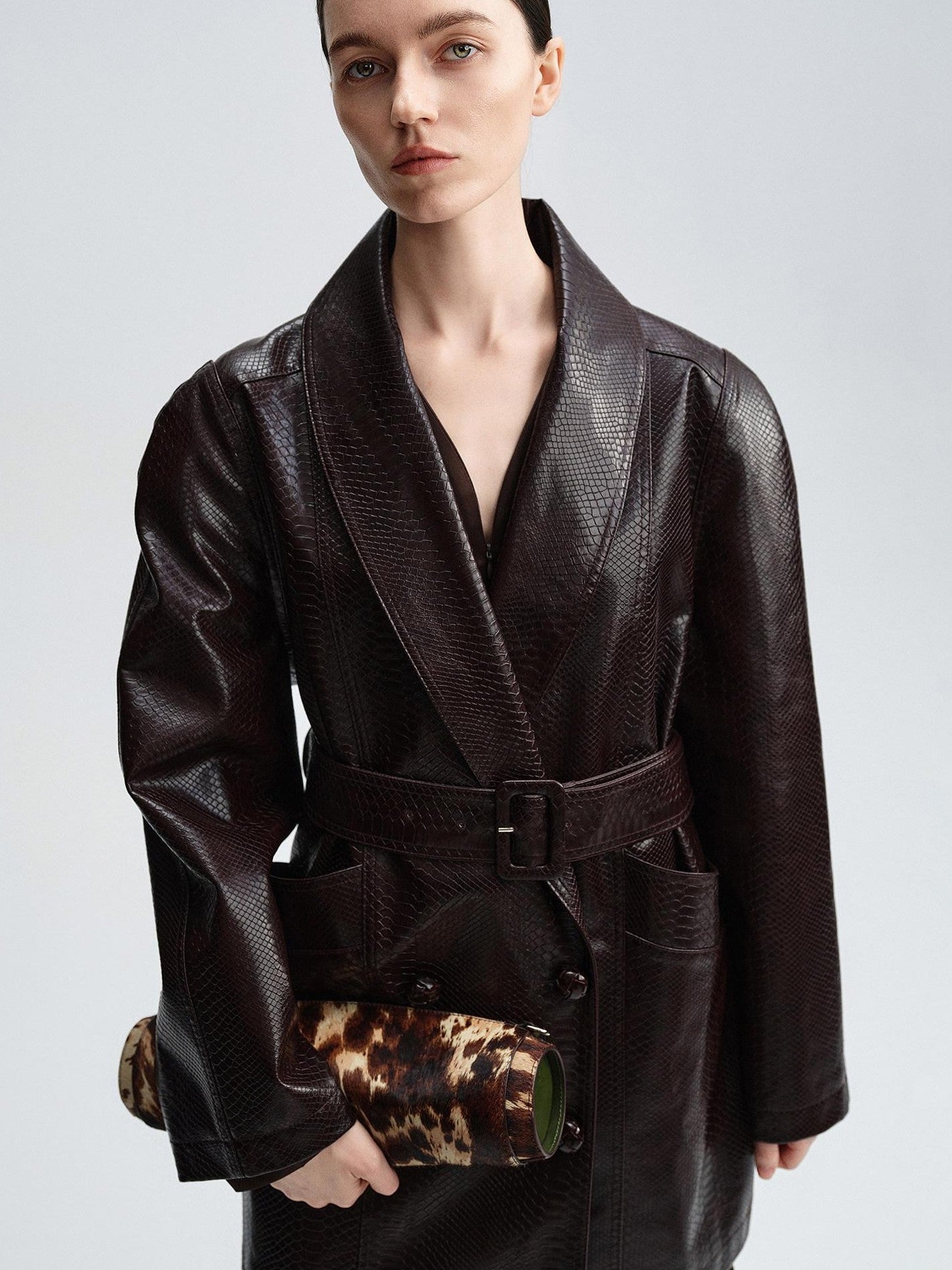 audreyyang Thick Vintage Croc Embossed Doublebreasted Midlength Women Pu Leather Jackets
