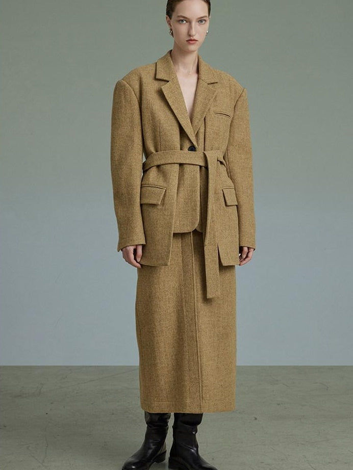 unspoken Wool Single Button Notched Lapel Loose Fit Rice Yellow Young Women Blazers