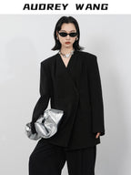 audreyyang Pleated Structured Loose Fit Double Breasted Mid Length Women Office Blazers