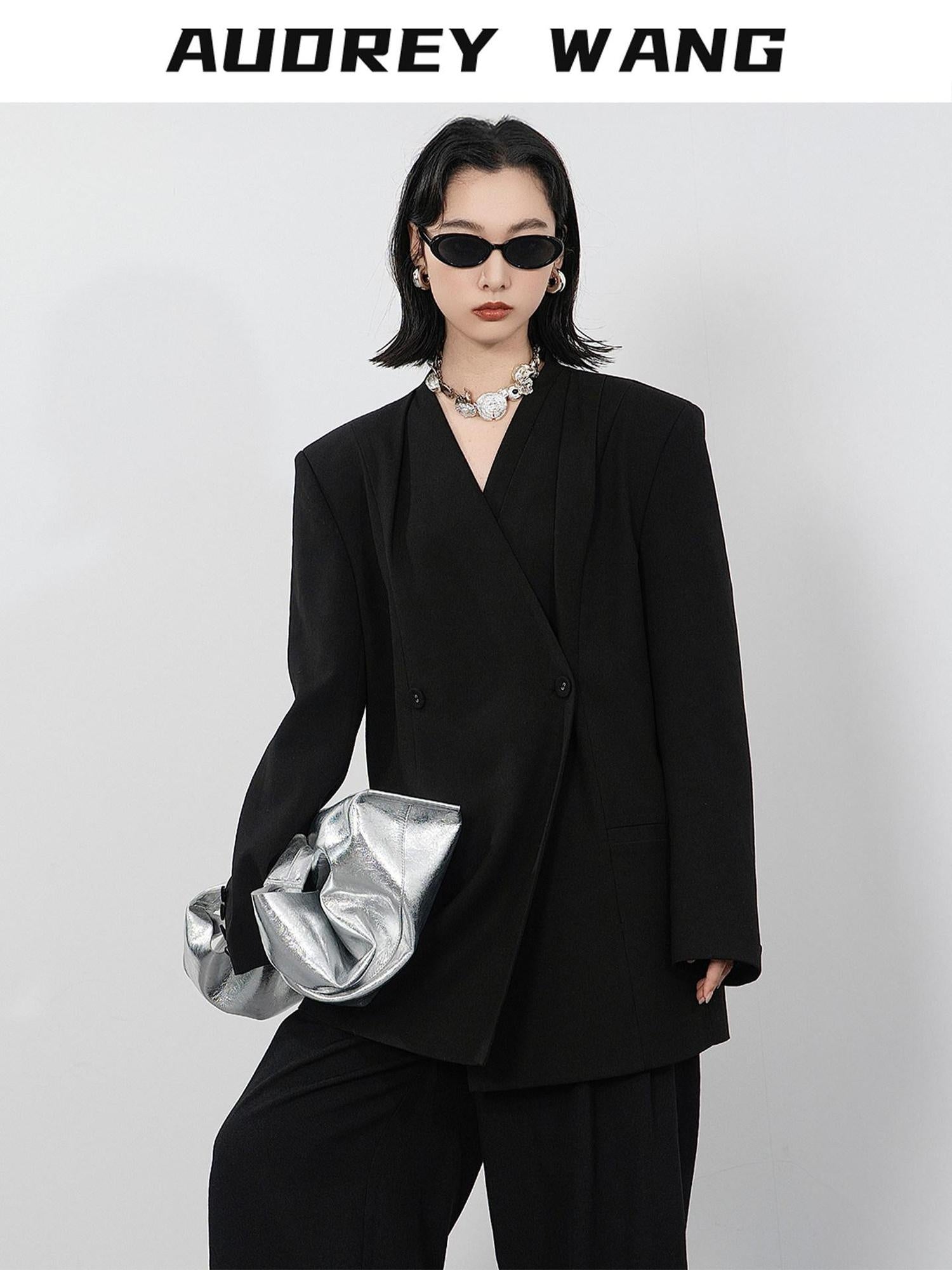 audreyyang Pleated Structured Loose Fit Double Breasted Mid Length Women Office Blazers